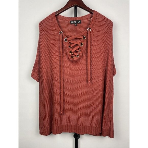 Haute Fox Rust Red Knit Short Doleman Sleeve Tie Neckline Blouse Size 3X - Picture 1 of 7